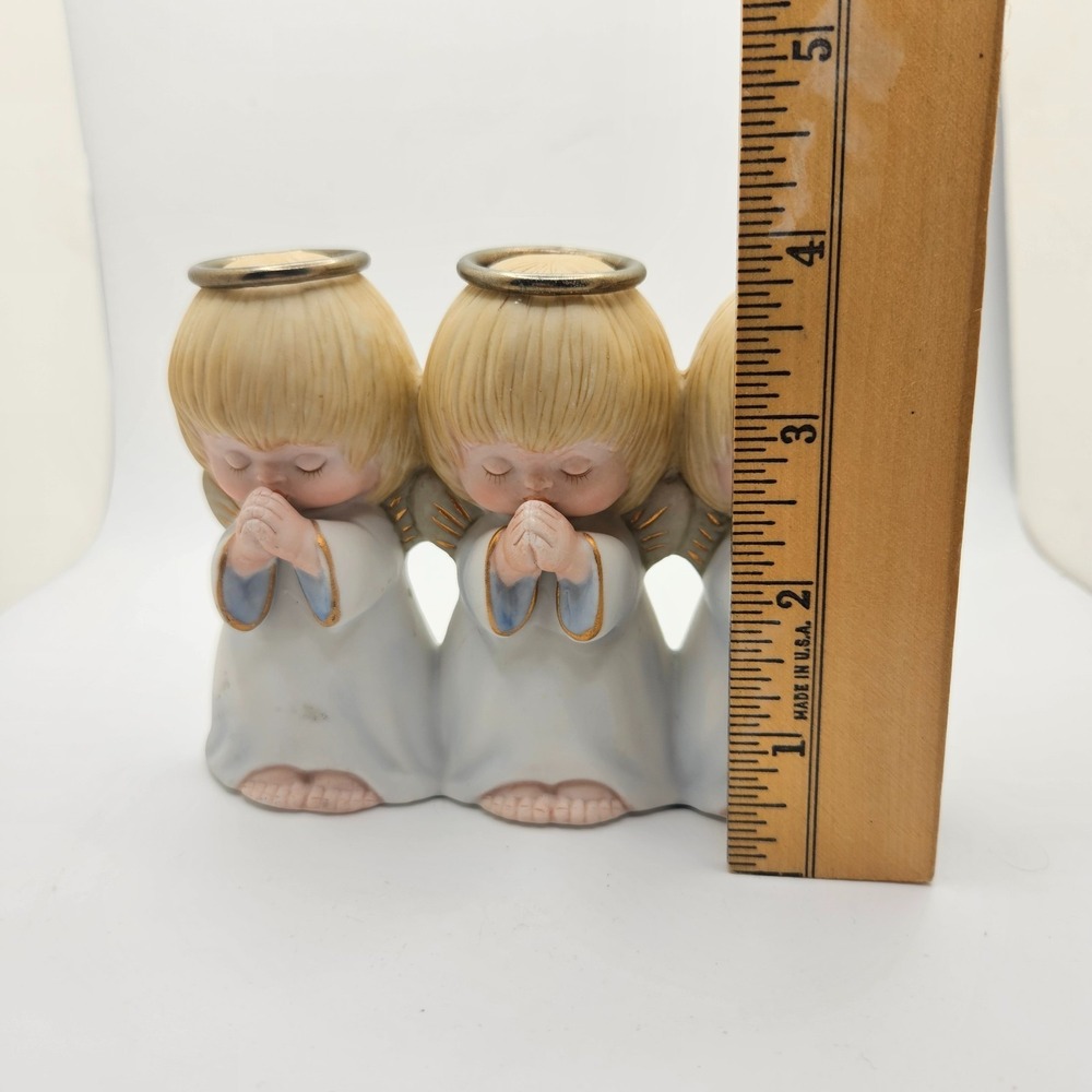 Vintage Triple Praying Angel Figurine Gold Halo Cherubs Blue White 4" Religious - Picture 6 of 7